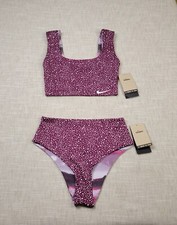 NIKE Swimsuit Bikini  Crop Top 2 Piece Large Women Purple Reversible High Waist