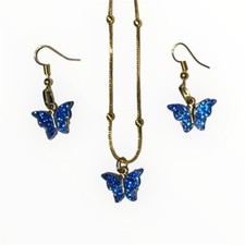 Glittery Blue Butterfly Pendant Earring Necklace Set