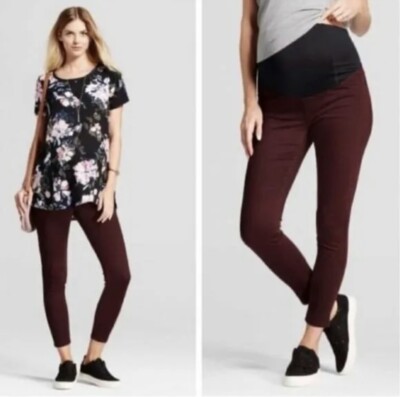 Isabel Maternity Pants Womens 6 28R Crossover Panel Burgundy Skinny Corduroy S