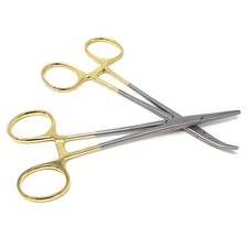 2 PC Fishing Set 5.5" Straight Curved Hemostat Forceps Locking Clamp Gold Handle