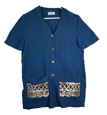 Vintage Dolina Linen Top Womens Size 12 Blue Full Button Beach Summer Relaxed