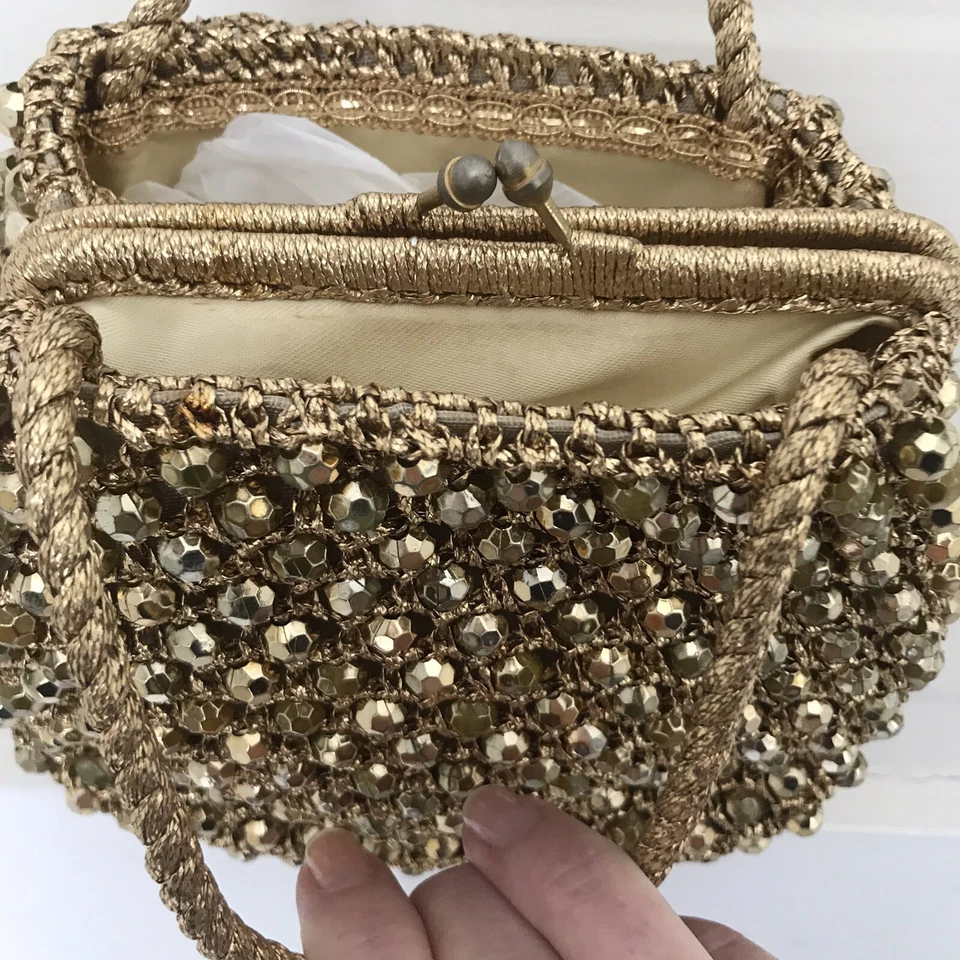 Bolso de mano vintage BARBARA LEE amarillo con cuentas con adornos de rafia - HECHO EN ITALIA Foto 3 de 4