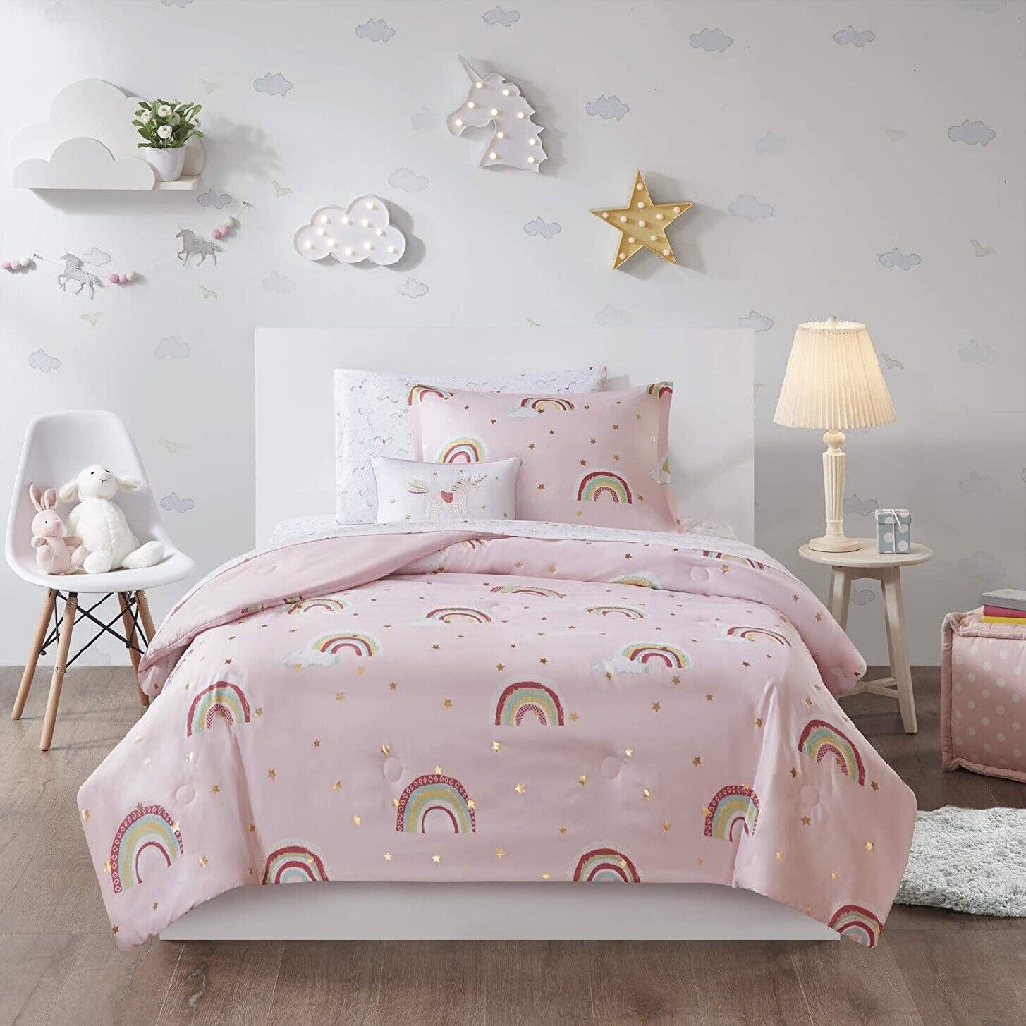 Comforter Set Twin Bed Pink Sheet Sham Kid Girls Rainbow Stars Bedding  Cover | eBay