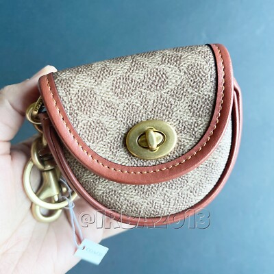 NWT Coach Mini Saddle Turnlock Bag Charm In Signature Canvas Tan