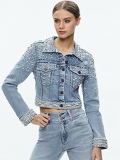 ALICE OLIVIA NELSON EMBELLISHED FITTED DENIM JACKET SIZE XS NWOT