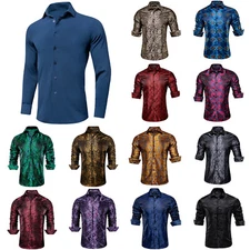 Mens Long Sleeve Shirts Casual Button Paisley Black Burgundy Blue Wedding