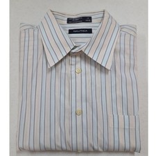 Nautica Mens Striped Button Down Shirt Blue Tan White 100 Cotton Size 17 34/35