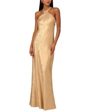 Adrianna Papell Foiled Woven Halter Gown Women's Gold 4