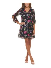 CALVIN KLEIN Womens Black Lined Back 3/4 Sleeve Short Party Shift Dress 2