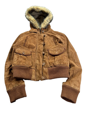 Vintage Y2K Brown Suede Hooded Cropped Bomber Jacket Faux Fur Trim Utility Zip C
