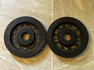 Vintage GOLD'S GYM Olympic Barbell (2) 25lb Weight Plates Rare HTF Total 50lbs