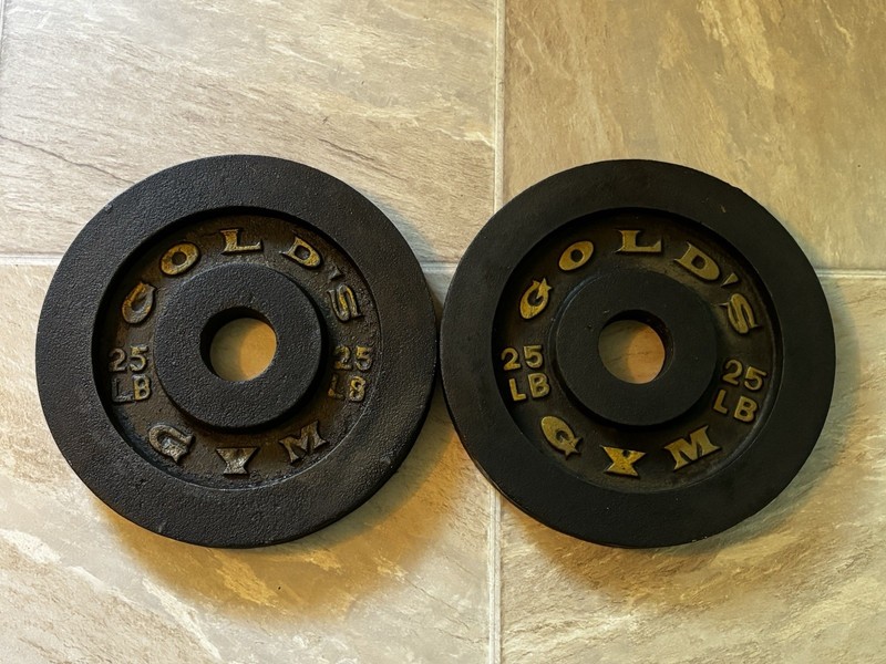 Vintage GOLD'S GYM Olympic Barbell (2) 25lb Weight Plates Rare HTF Total 50lbs