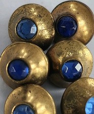 Vintage Brass Blue Glass Rhinestone Buttons 8pc 1950s