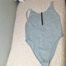 Gray One Piece Women's Bodysuit with Front Zipper Stretch Solid