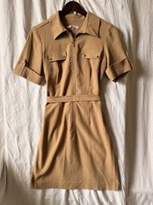 Studio One New York Beige Solid Collared Short Sleeve Zip Belted Shirt Dress 8