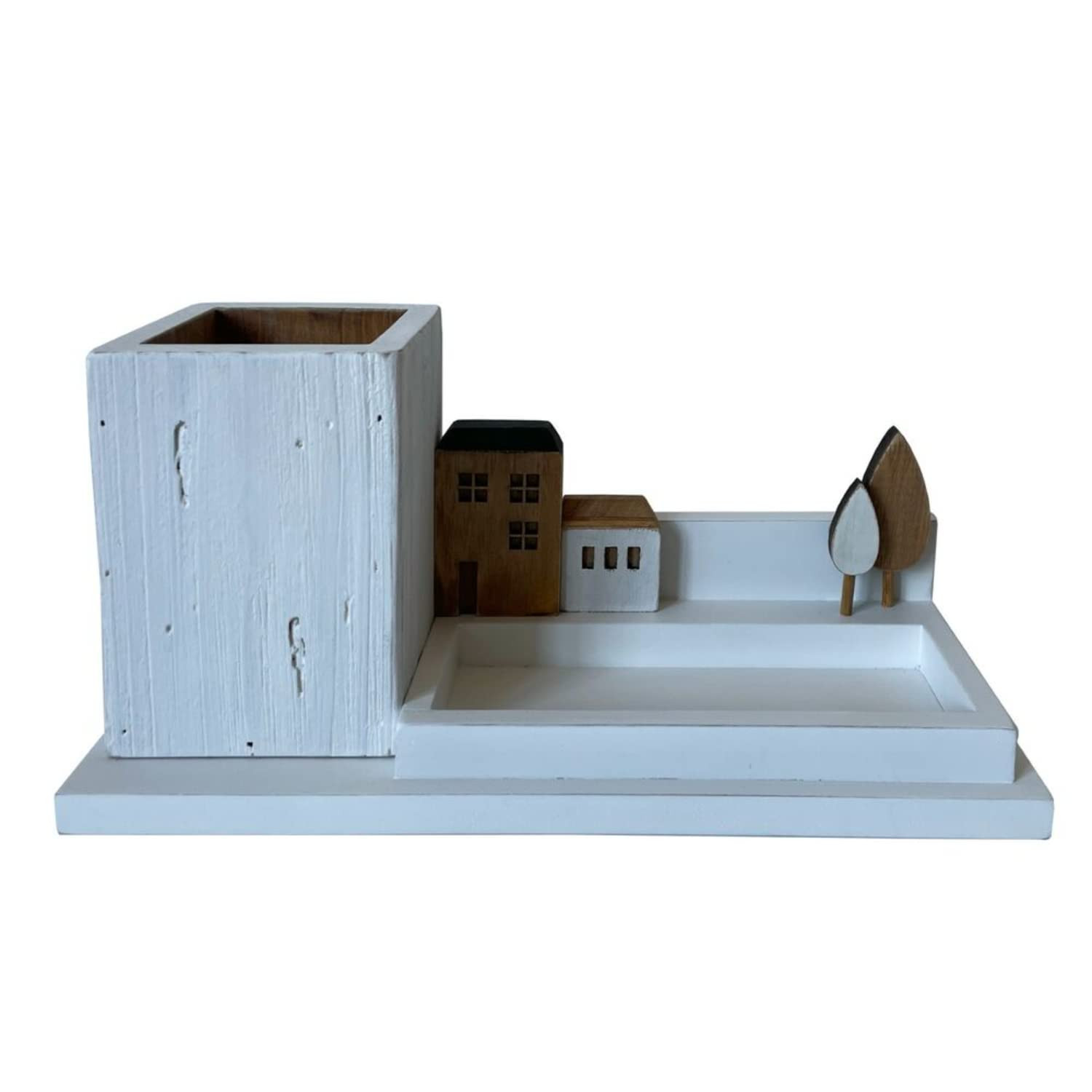 Multi-Purpose Organiser Dkd Home Decor Pencil White Brown Wood Meta... NUOVO