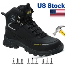 Men's Waterproof Steel Toe Work Boots High Top Wear-resisting Safety Shoes Black