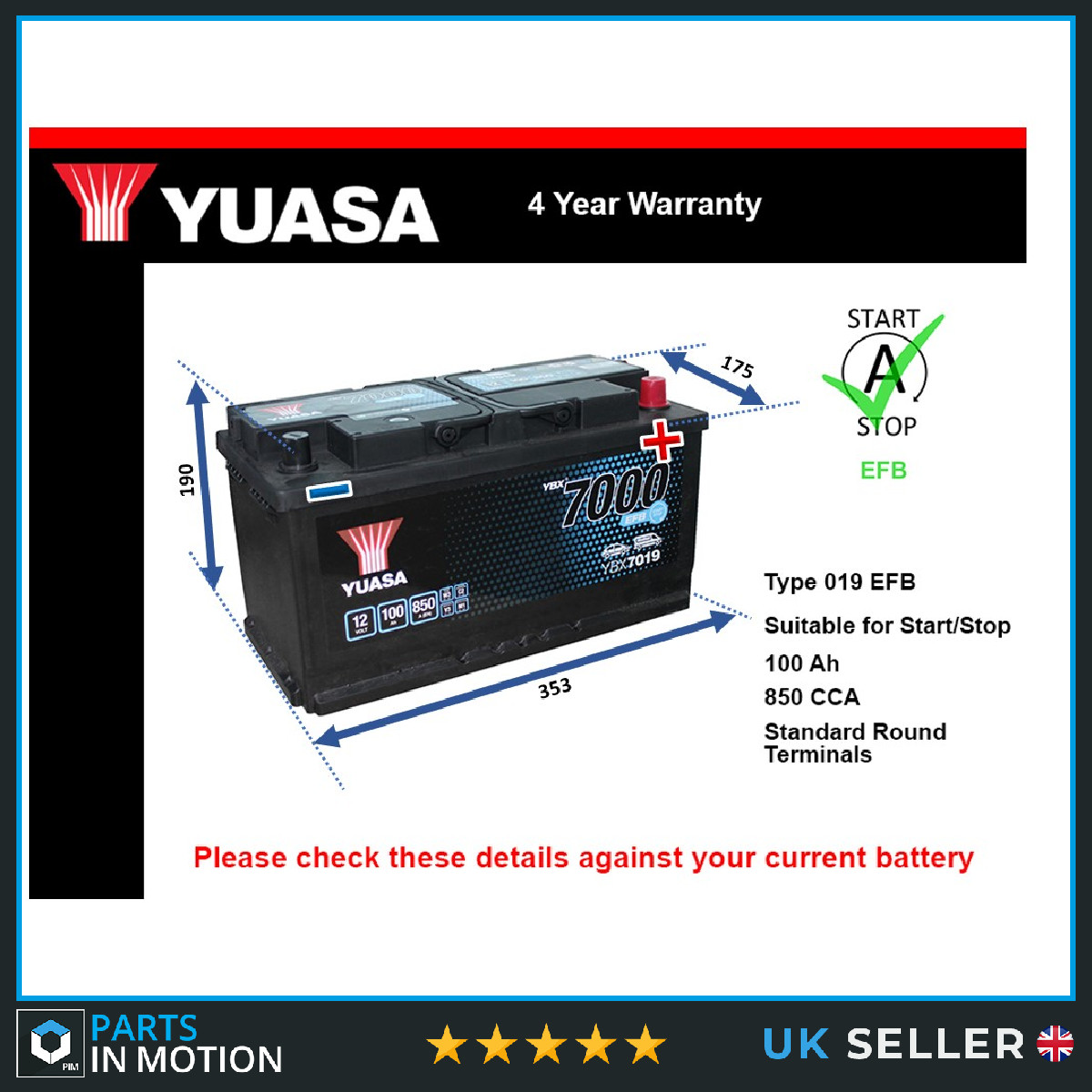 EFB Car Battery YBX7019 Yuasa 019 EFB 850A 100Ah 4Yr WTY 353x175x190 Start Stop - Image 63