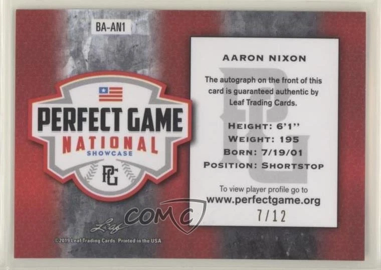 2019 Leaf Perfect Game National Showcase Metal Silver Wave /12 Aaron Nixon Auto - Image 2 of 2
