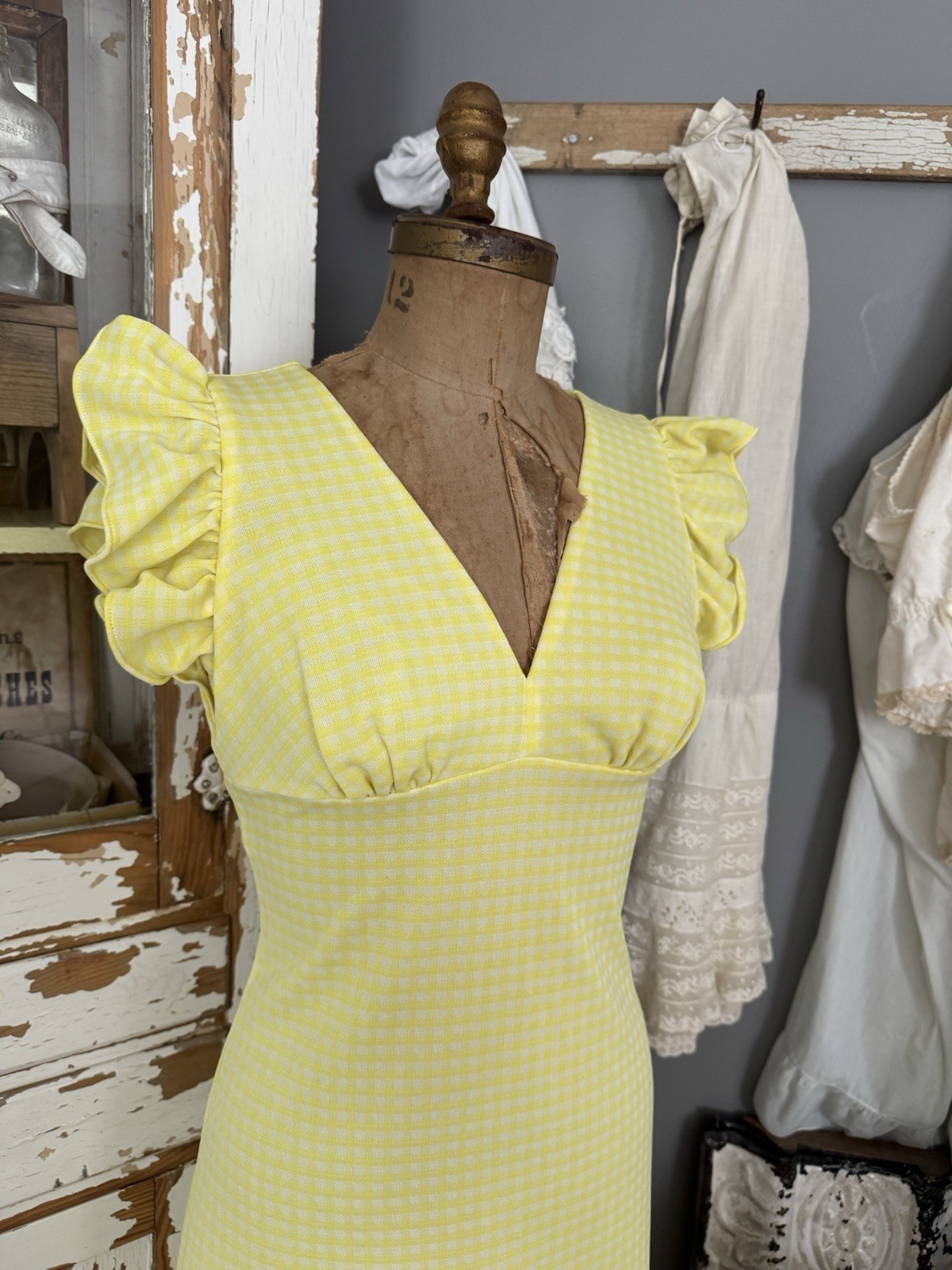 Vtg 60s Abstract Patchwork Gingham Maxi Dress Swe… - image 1