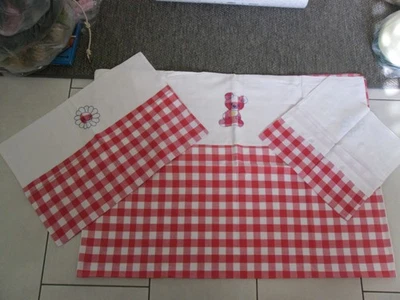 Kinderbettwäsche rot-weiß kariert "Bärchen" "Blume" + 2 Kopfkissenbezüge Vintage - Bild 1 von 4