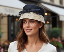 Vintage Women's Navy Ivory Straw Cloche hat Bow Veil Accent 1950s 1960s