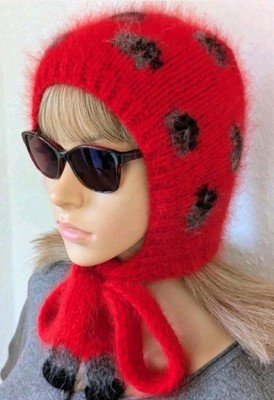 Hand knitted Angora Bonnet with ties, Knitted Angora Bonnet, Knitted Wool hat