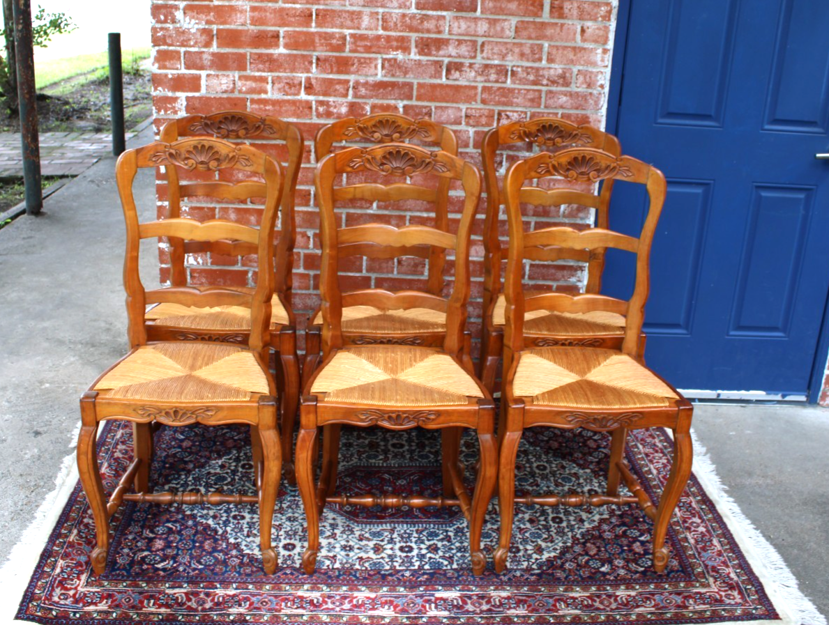 Set of 6 French Antique Louis XV Walnut Rush Seat Dining Chairs