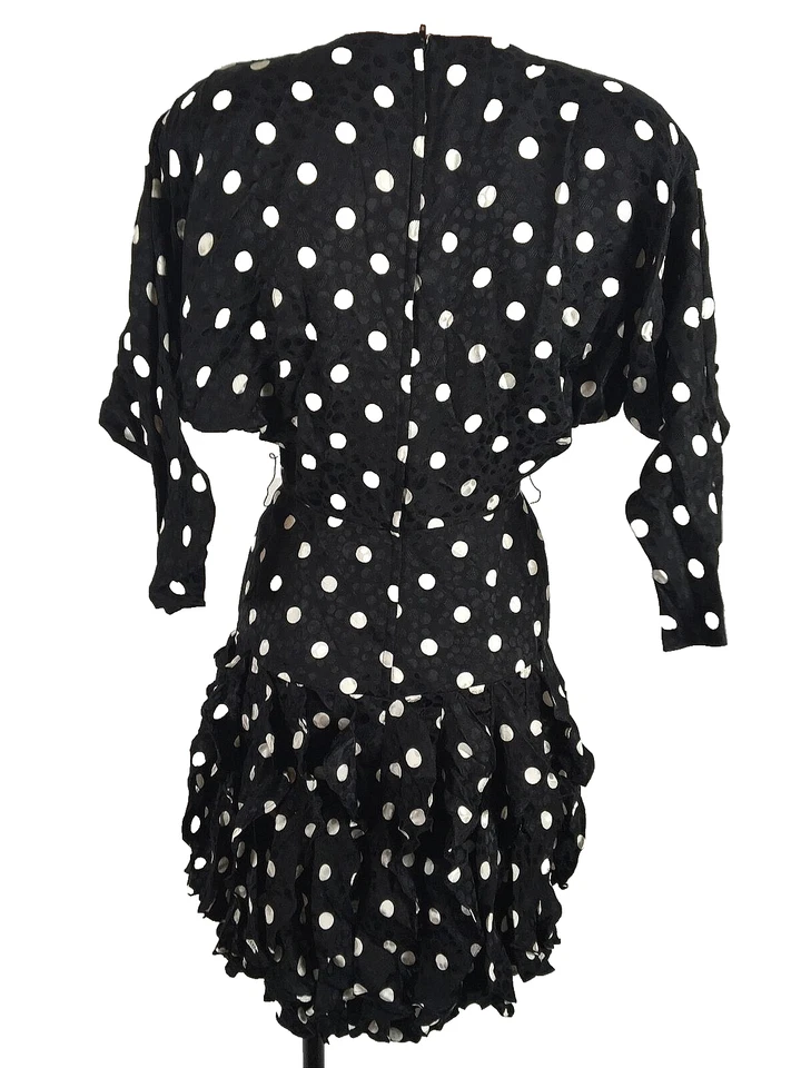 Vestido blusa vintage anos 80 Gillian babado bolinhas seda gota cintura coquetel tamanho 2 - Imagem 2 de 4