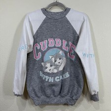 Vintage 80s 90s Cuddle Gray Cat Pullover Sweatshirt Grandma Cutecore Kawaii S M