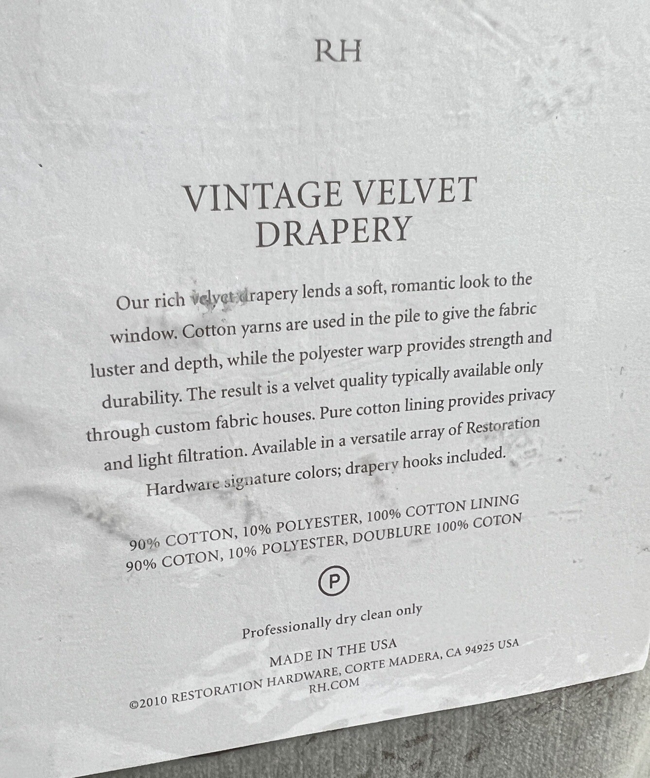 Restoration Hardware Vintage Velvet Drapery RP Privacy 50"W x 120"L Fog