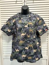 Dickies Scrub Top Camo/Camel Green/Tan Print Short Sleeve V Neck Pockets Size M