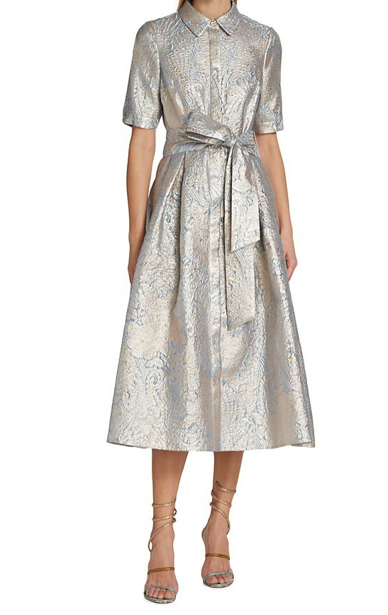 Teri Jon by Rickie Freeman Shot Slit Sleeve Metallic Jacquard Shirt Dress (s.22)