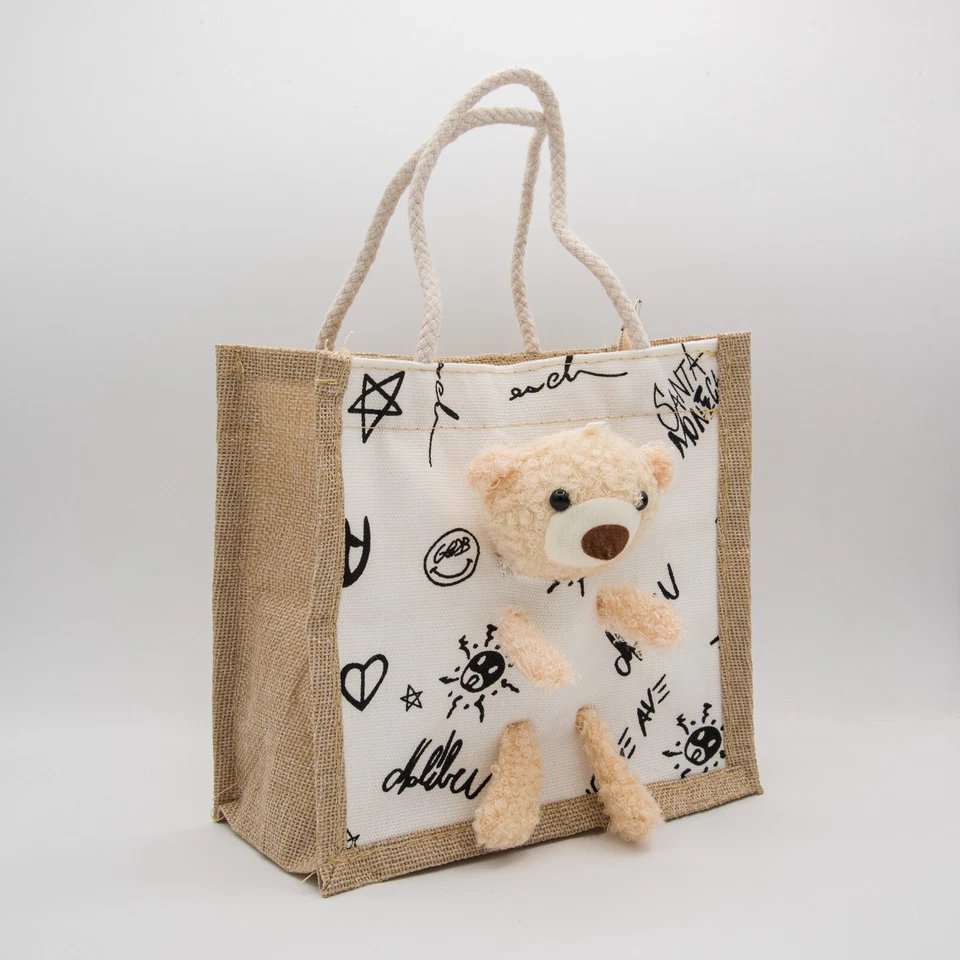 Bolso de mano artesanal de diseño limitado de arpillera yute cremallera oso muñecas bolsa de regalo 8X8X4" Foto 4 de 4