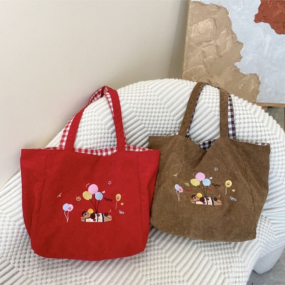 Doublesided Print Shoulder Bag Cute Embroidered Puppy Travel Fabric