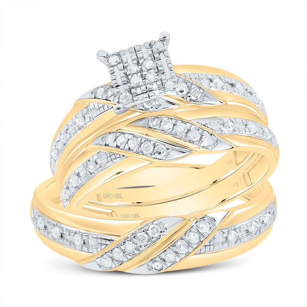 10K Gelbgold Diamant Dreifach Set Geflochten Quadratisch Braut + Passende BäNder-image