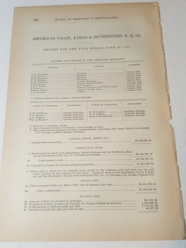 1888 train document REPUBLICAN VALLEY KANSAS & SOUTHWESTERN RAILROAD Burlington