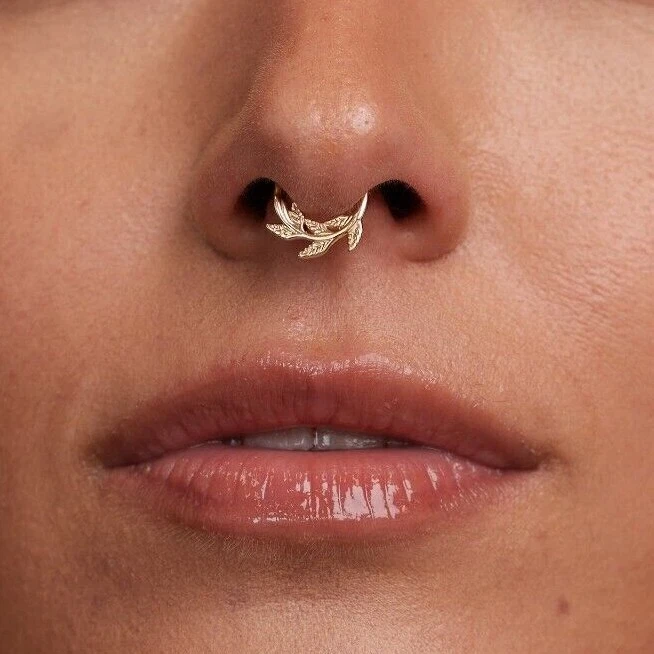 14K REAL Solid Gold Laurel Leaves Hoop Septum Ear & Nose Ring Piercings 16G 18G - Image 2 of 4