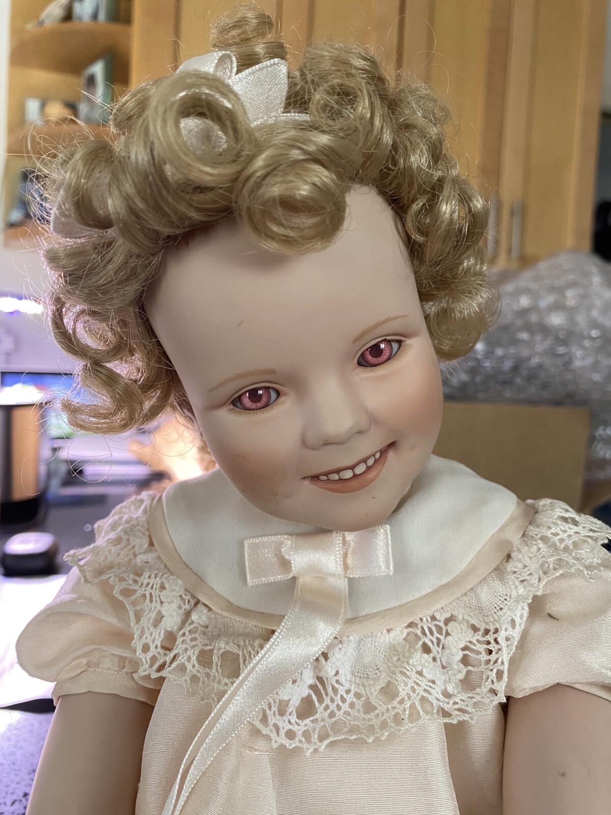 1996 Elke Hutchens Shirley Temple Porcelain Doll, Pink Eyes. Stamped MBE