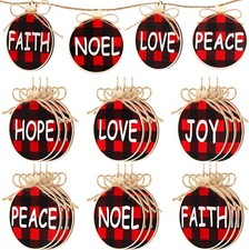 24 Pieces Christmas Wooden Hanging Ornaments Buffalo Plaid Printed Decorations