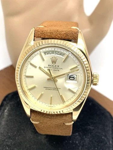 Rolex Men's Watch 1803 Day Date Vintage Swiss Automatic 18k Gold Leather 36mm