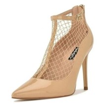 NEW Women $129 NINE WEST Fishnet Dress Booties 9.5  Tan Nude Pointed Toe