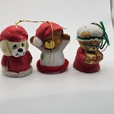 Christmas JASCO CARING CRITTER CHIMERS 3 Bisque Porcelain Bell Ornament VTG
