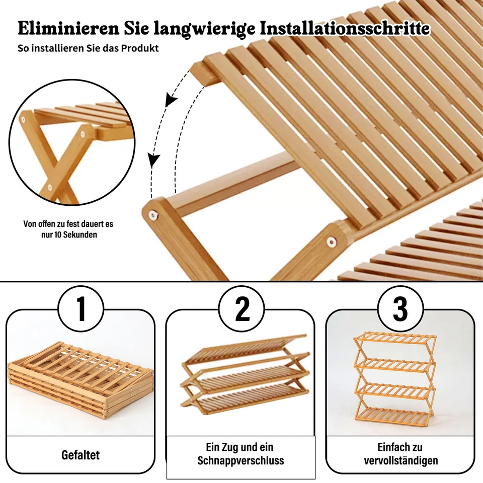 4 Ebenen faltbares Schuhregal Bambus Schuhständer Schuhablage Schuhorganizer - Bild 4 von 4
