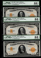 1922 $10 Gold Certificate Sequential Set PMG 64 EPQ LOT of 3 Notes