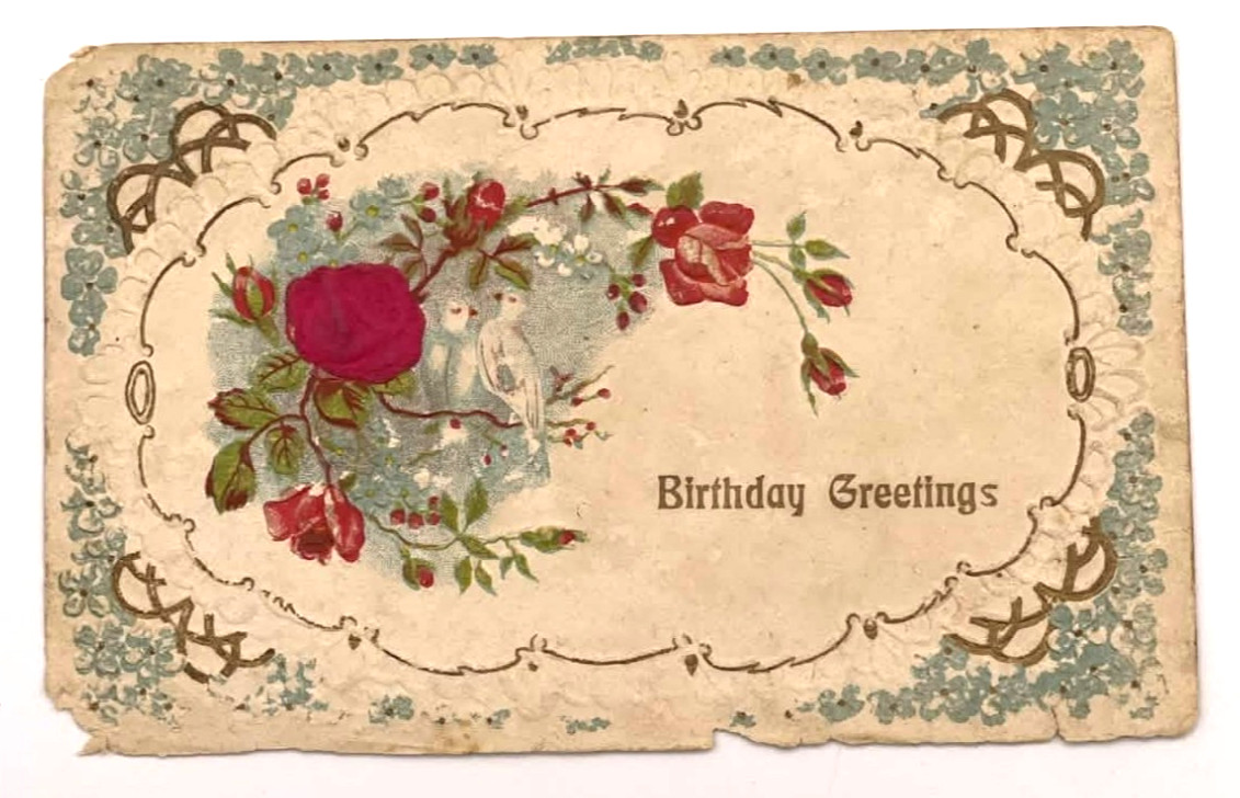 Birthday Greetings Roses Floral Embossed Border Antique Postcard
