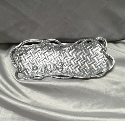 Arthur Court Aluminum Bunny Rabbit Woven Handle Serving Tray Silver 8 in