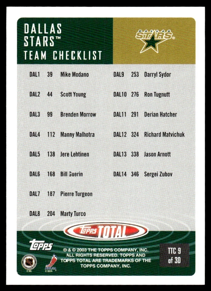 2002-03 Topps Total Mike Modano Dallas Stars #39 - Image 2 of 2