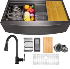 AKDY All-in-One 33x22in Matte Black Stainless Steel Farmhouse Apron Sink&Faucet 