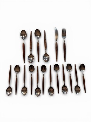 VTG MCM Dutch Holland Stainless Steel Teak Wood Handle Flatware 18pc Set
